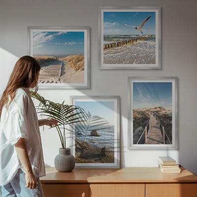 Set of 4 wall art pieces beach waves sky pier walk