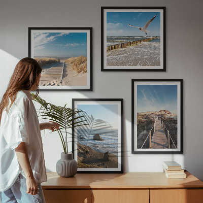 Set of 4 wall art pieces beach waves sky pier walk