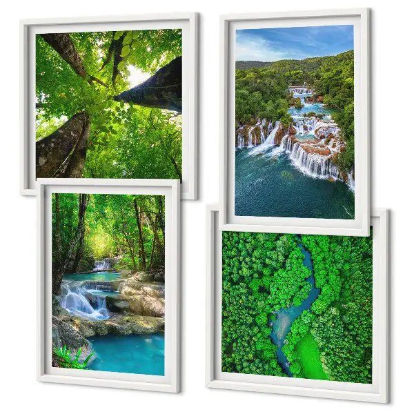 Multi-piece wall decor set featuring waterfalls in a green forest