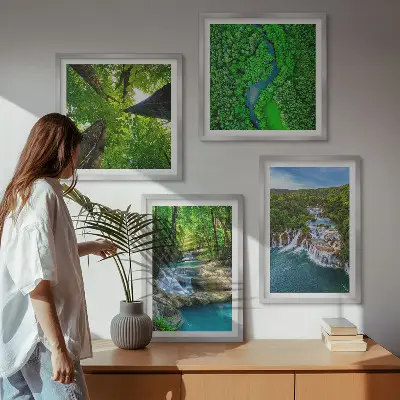 Multi-piece wall decor set featuring waterfalls in a green forest
