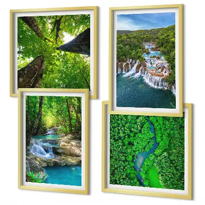 Multi-piece wall decor set featuring waterfalls in a green forest