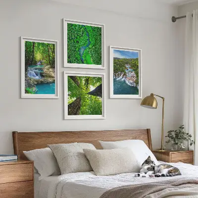 Multi-piece wall decor set featuring waterfalls in a green forest