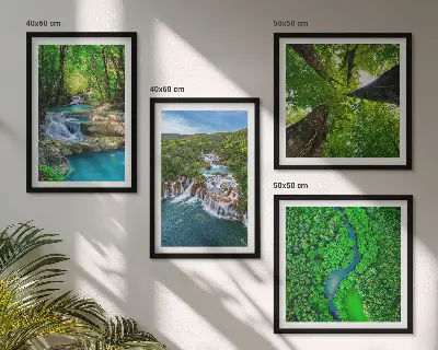 Multi-piece wall decor set featuring waterfalls in a green forest
