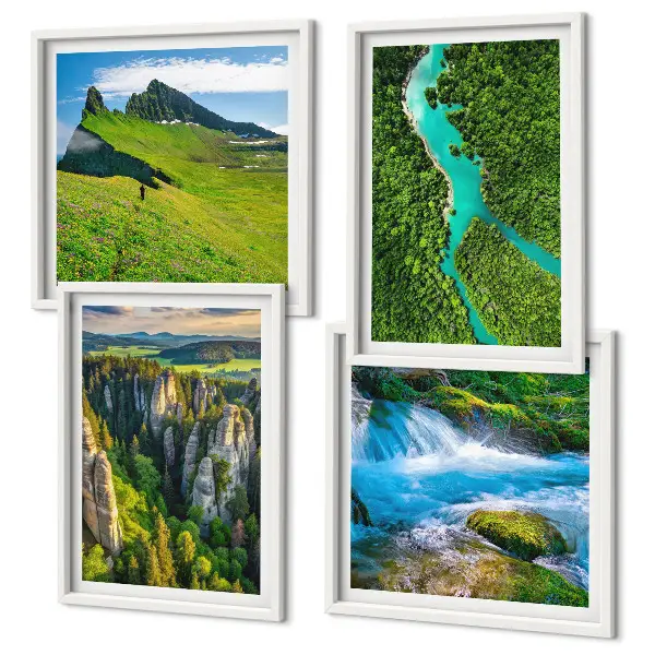 Wall art set featuring green mountain and river rock scenery