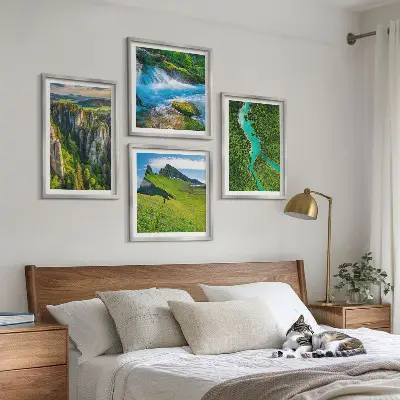 Wall art set featuring green mountain and river rock scenery