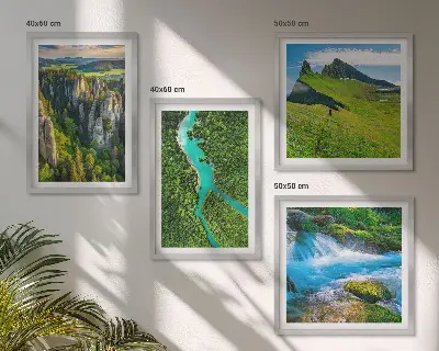 Wall art set featuring green mountain and river rock scenery