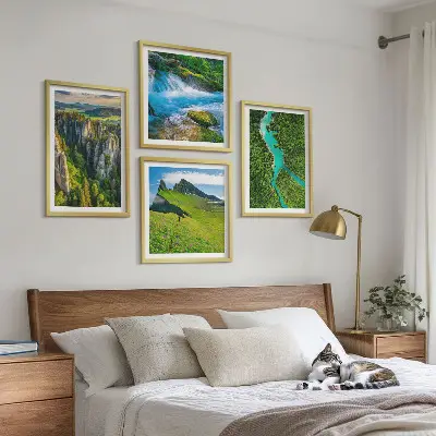 Wall art set featuring green mountain and river rock scenery