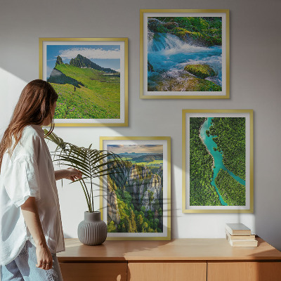 Wall art set Green mountains river rocks