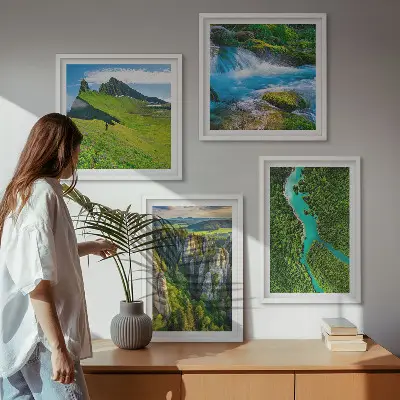 Wall art set featuring green mountain and river rock scenery