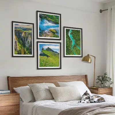 Wall art set featuring green mountain and river rock scenery