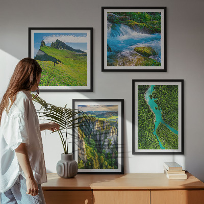 Wall art set Green mountains river rocks