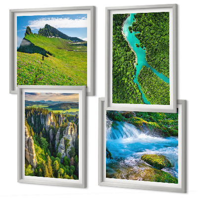 Wall art set Green mountains river rocks