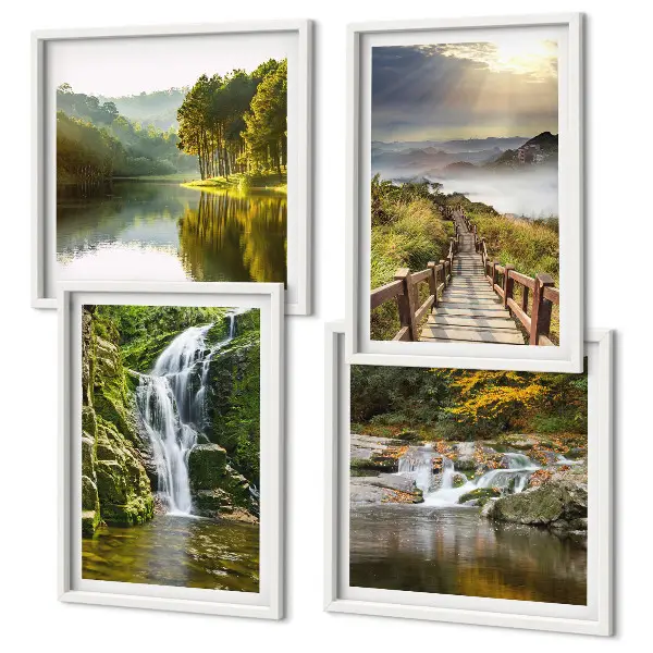 Wall art set featuring waterfalls, mountains, and autumn clouds
