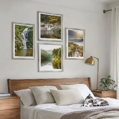 Wall art set featuring waterfalls, mountains, and autumn clouds