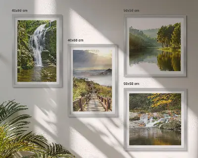 Wall art set featuring waterfalls, mountains, and autumn clouds
