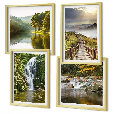 Wall art set featuring waterfalls, mountains, and autumn clouds