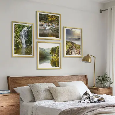 Wall art set featuring waterfalls, mountains, and autumn clouds