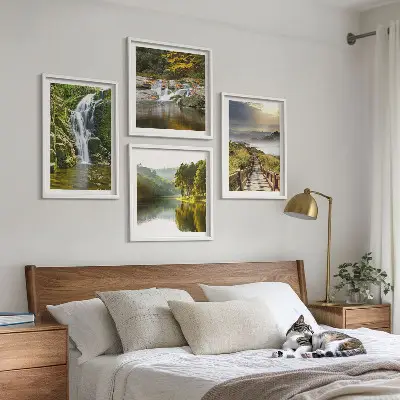 Wall art set featuring waterfalls, mountains, and autumn clouds