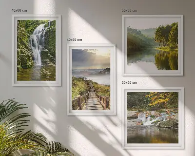 Wall art set featuring waterfalls, mountains, and autumn clouds