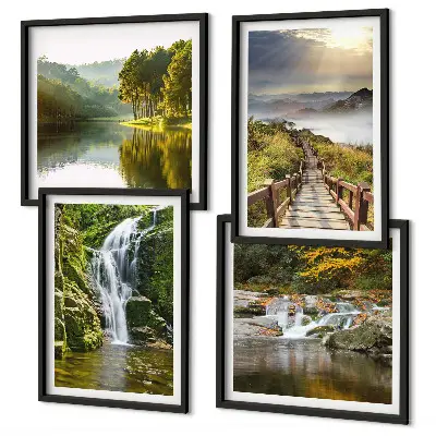 Wall art set featuring waterfalls, mountains, and autumn clouds