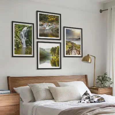 Wall art set featuring waterfalls, mountains, and autumn clouds