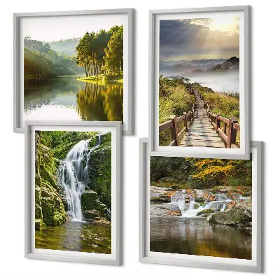 Wall art set featuring waterfalls, mountains, and autumn clouds