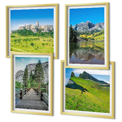 Set of 4 wall art pieces Green hills with a castle