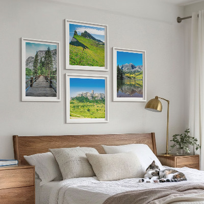 Set of 4 wall art pieces Green hills with a castle