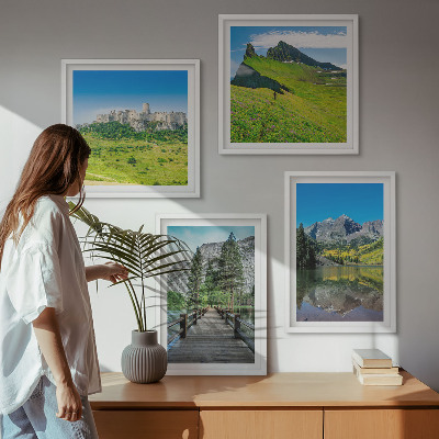 Set of 4 wall art pieces Green hills with a castle