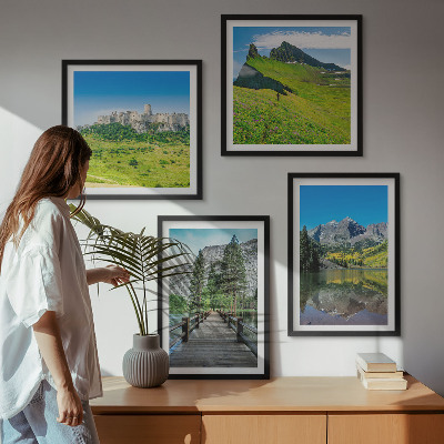 Set of 4 wall art pieces Green hills with a castle