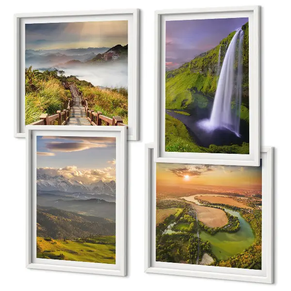 Multi-piece wall decor set featuring scenic mountain, river, and waterfall views