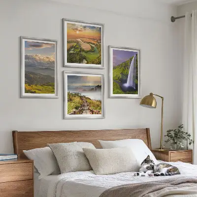 Multi-piece wall decor set featuring scenic mountain, river, and waterfall views