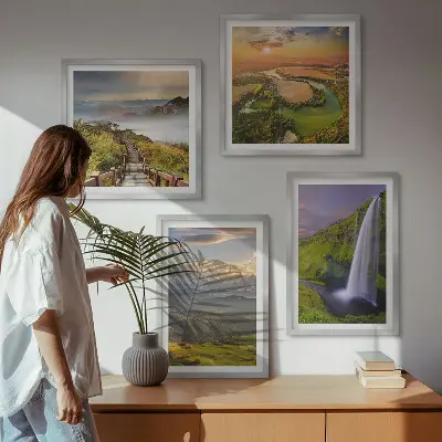 Multi-piece wall decor set featuring scenic mountain, river, and waterfall views