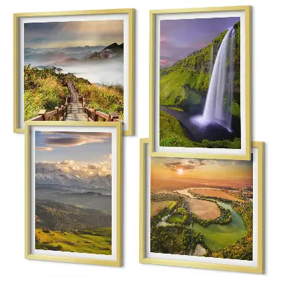 Multi-piece wall decor set featuring scenic mountain, river, and waterfall views