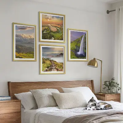 Multi-piece wall decor set featuring scenic mountain, river, and waterfall views
