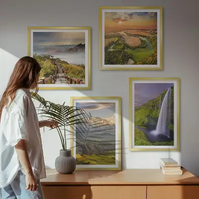 Multi-piece wall decor set featuring scenic mountain, river, and waterfall views