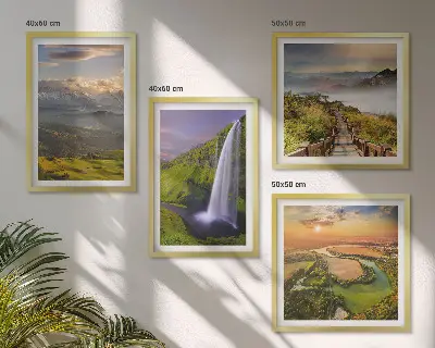 Multi-piece wall decor set featuring scenic mountain, river, and waterfall views