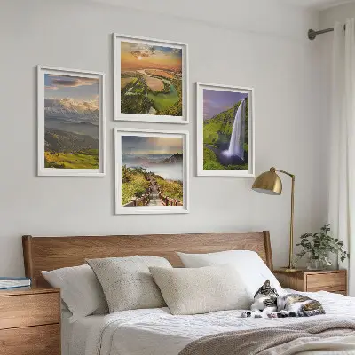 Multi-piece wall decor set featuring scenic mountain, river, and waterfall views