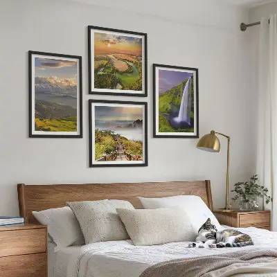Multi-piece wall decor set featuring scenic mountain, river, and waterfall views
