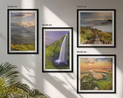 Multi-piece wall decor set featuring scenic mountain, river, and waterfall views