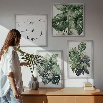 Wall art set green tropical watercolor leaves