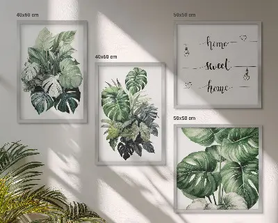 Wall art set green tropical watercolor leaves