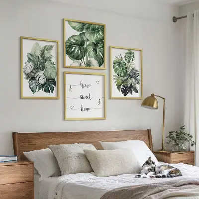 Wall art set green tropical watercolor leaves