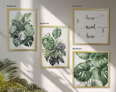 Wall art set green tropical watercolor leaves