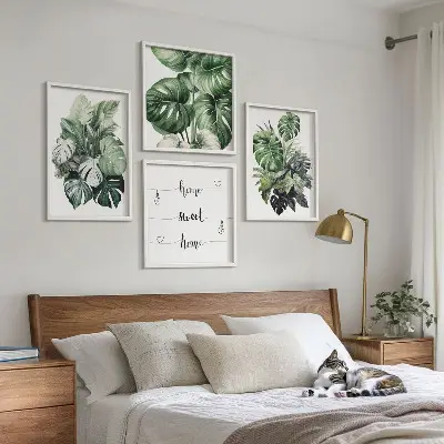 Wall art set green tropical watercolor leaves