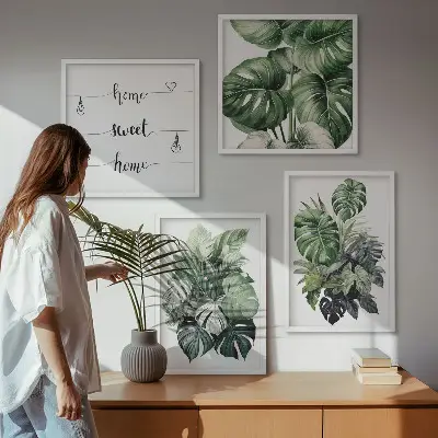 Wall art set green tropical watercolor leaves