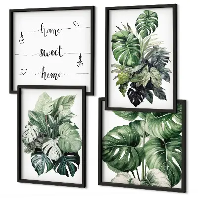 Wall art set green tropical watercolor leaves