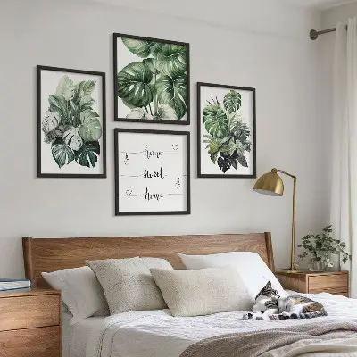 Wall art set green tropical watercolor leaves