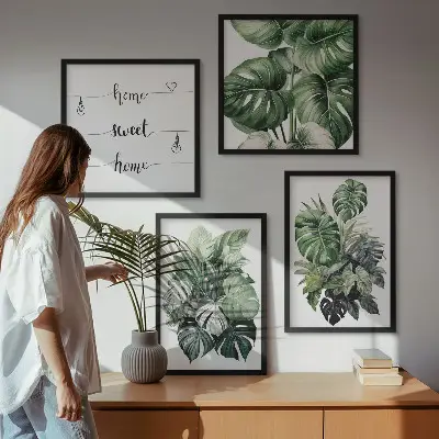Wall art set green tropical watercolor leaves