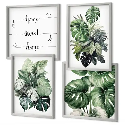 Wall art set green tropical watercolor leaves